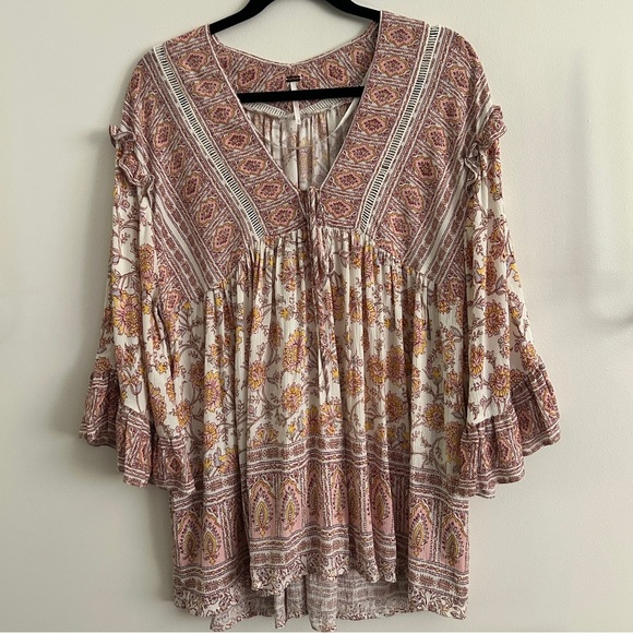 Free People Bohemian Floral Print Women's Oversized Tunic Top with Pockets - Picture 2 of 12